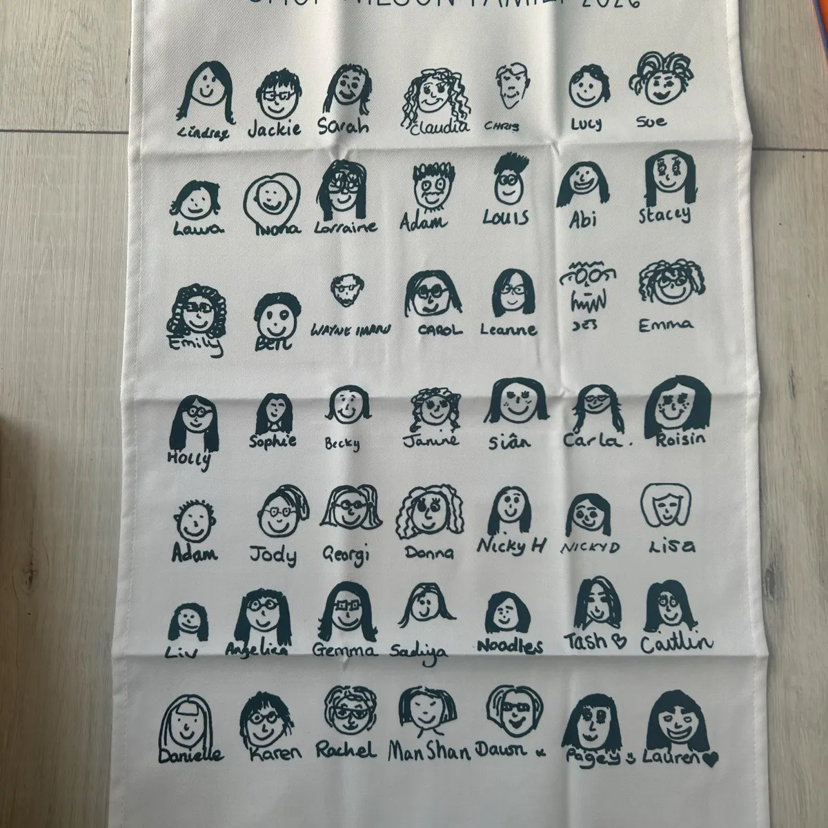 Cream tea towel printed with rows of teal hand-drawn guest portraits and names