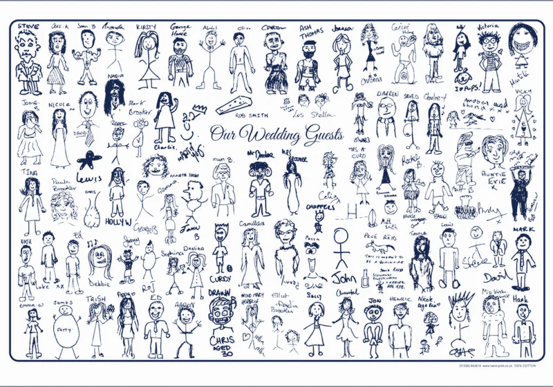 Navy blue tea towel covered in hand-drawn guest self-portraits and names