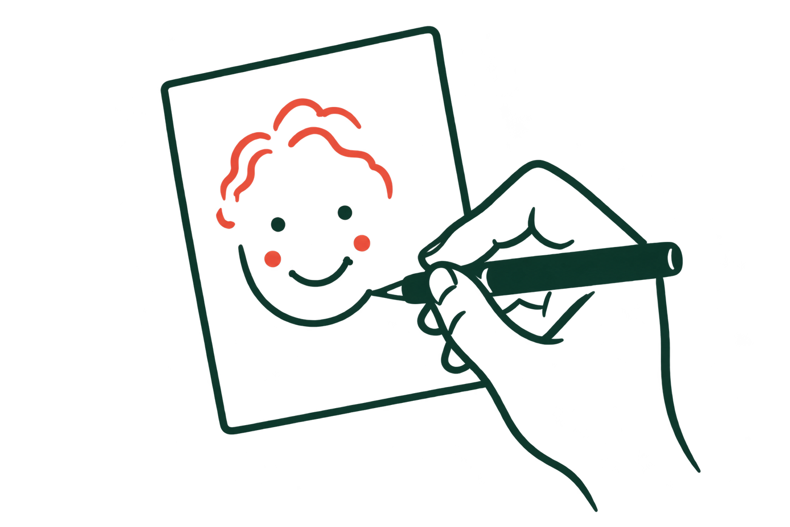 A hand drawing a smiling self-portrait on a card